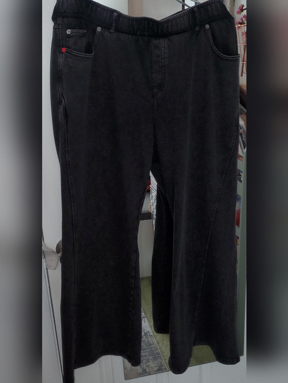 Peace Love World Women's Black Wide Leg Terry Cloth Pants with Back Pockets